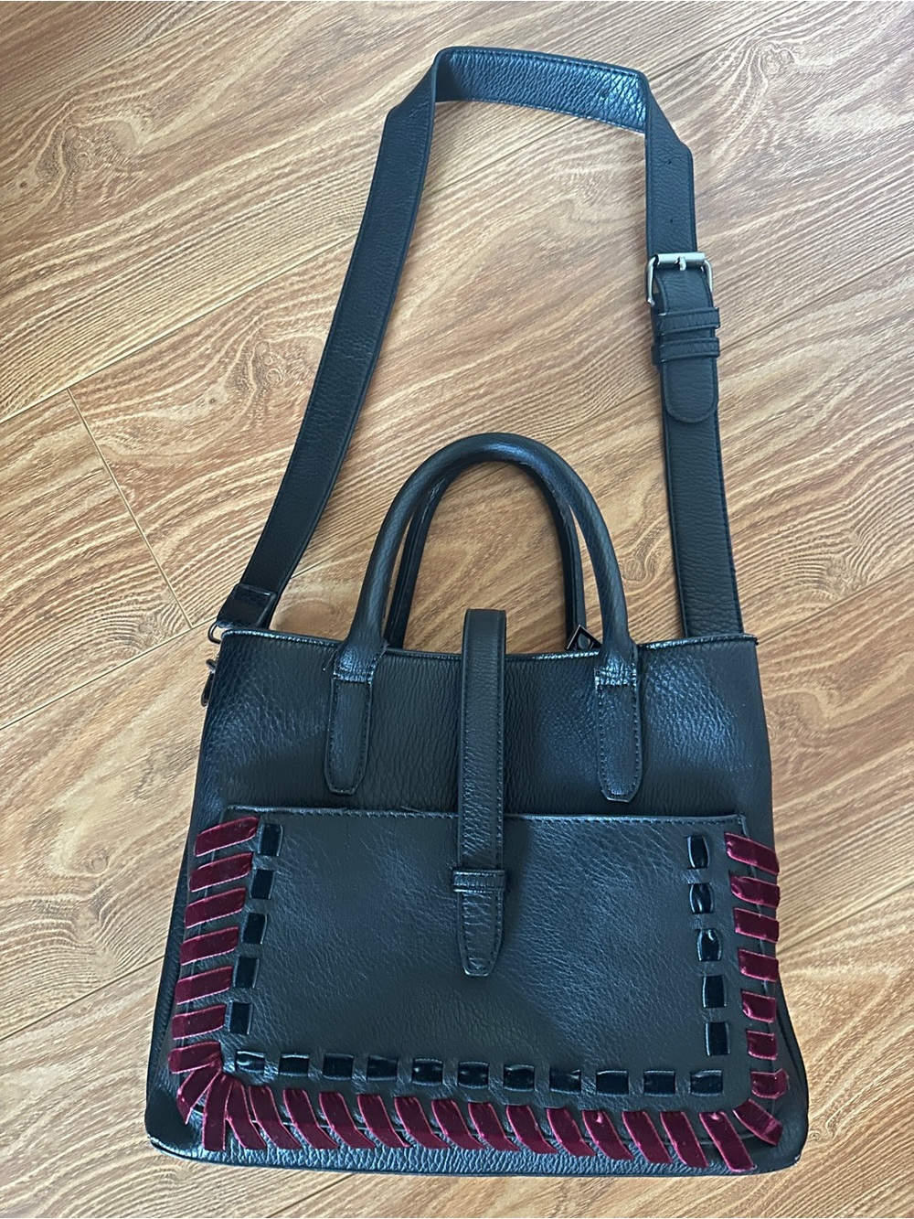 Nordstrom Black Leather Shoulder Bag with Burgundy Trim